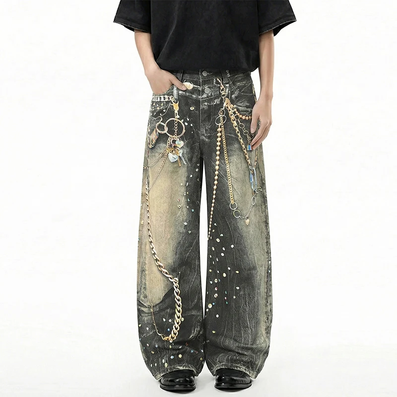 Avant-Garde Men's Jeans Metal Chain Rhinestone Printting Embellished Washed Black Wide Leg Fit Streetwear Pants
