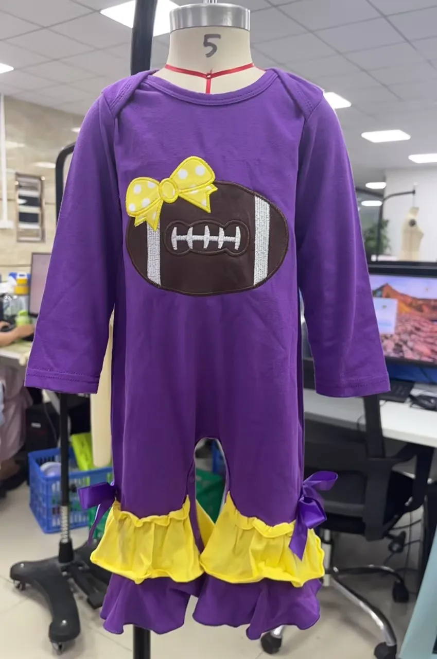 

Infant Toddler Baby Girl Fall Romper Football Bow Embroidery Long Sleeve Tiered Ruffled Jumpsuit For Newborn Clothes