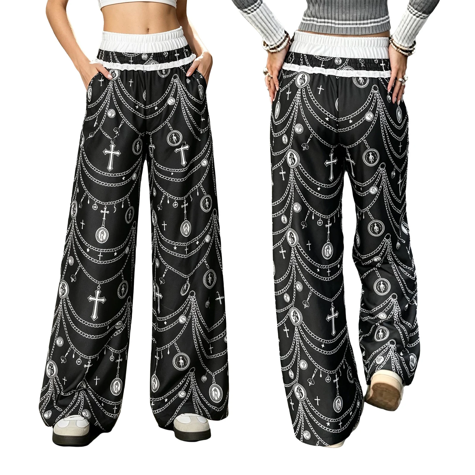 Adult Women Printed Pants Color Block Elastic Waist Trousers with Pockets Hip-hop Jazz Dance Sweatpants