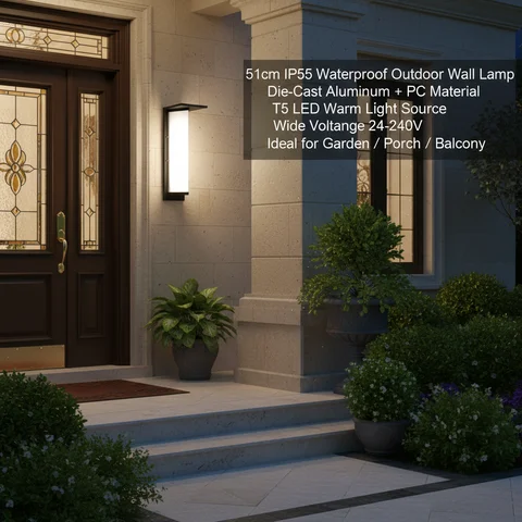 Outdoor Wall Lamp 51cm, IP55 Waterproof Die-cast Aluminum Sconce with T5 LED Bulb, Wide Voltage 24-240V for Porch Garden