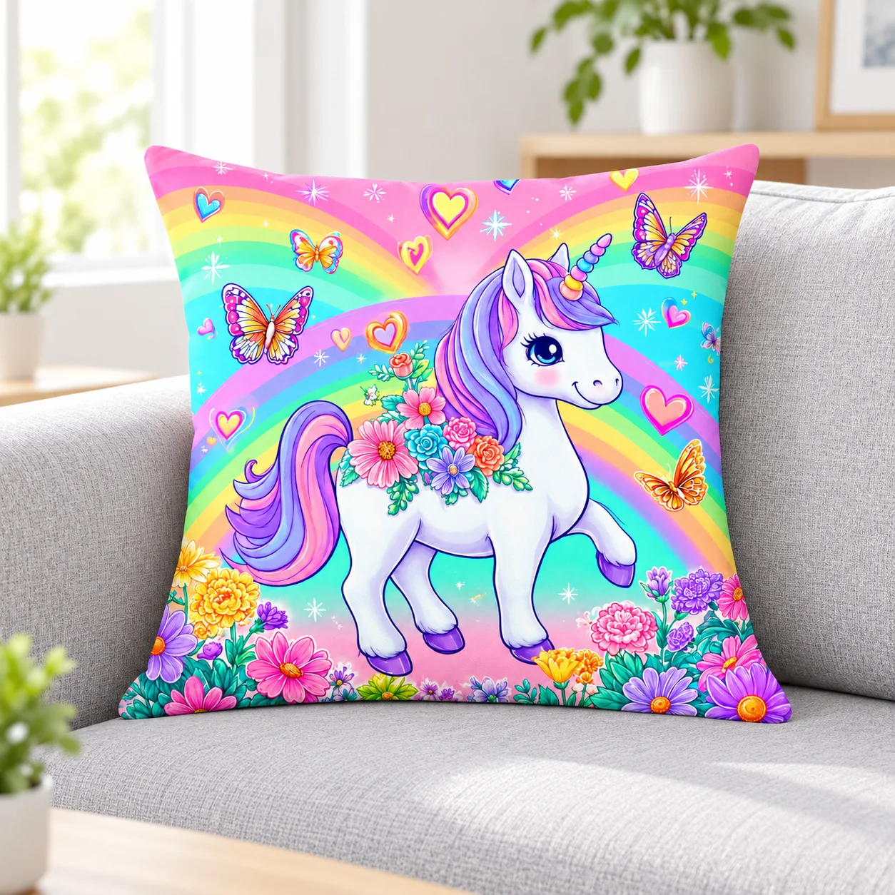 Colorful Unicorn Flower Bow Throw Pillow Cover, 2D Flat Double Sided Print, Soft Skin-Friendly Fabric, Sweet Autumn Summer Decor