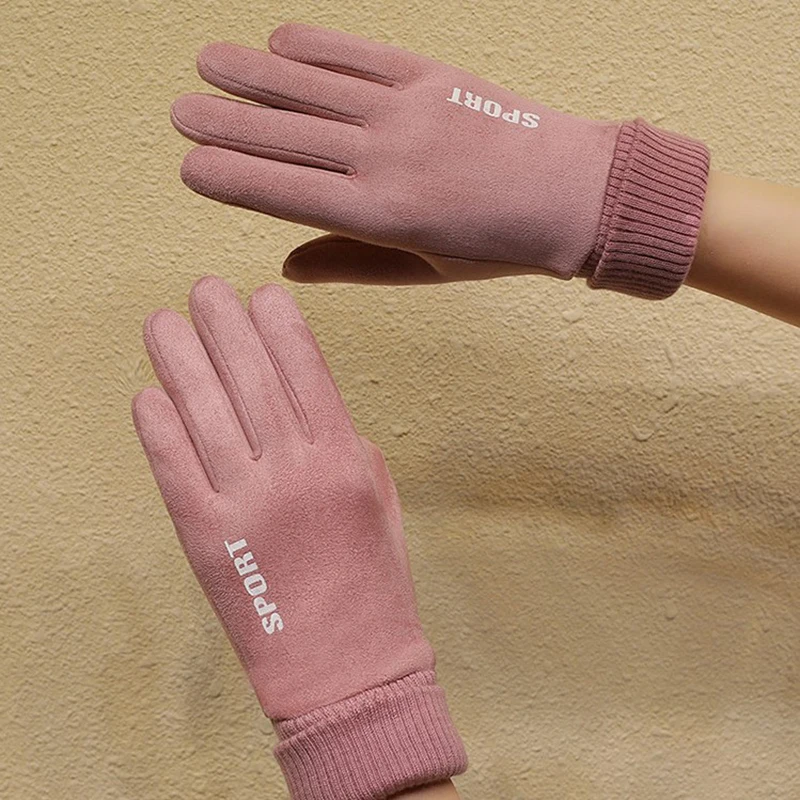 Guantes con forro polar, guantes de moda para otoño e invierno, bonitos guantes cálidos peludos, manoplas con dedos completos para mujer, guantes deportivos para exteriores para mujer