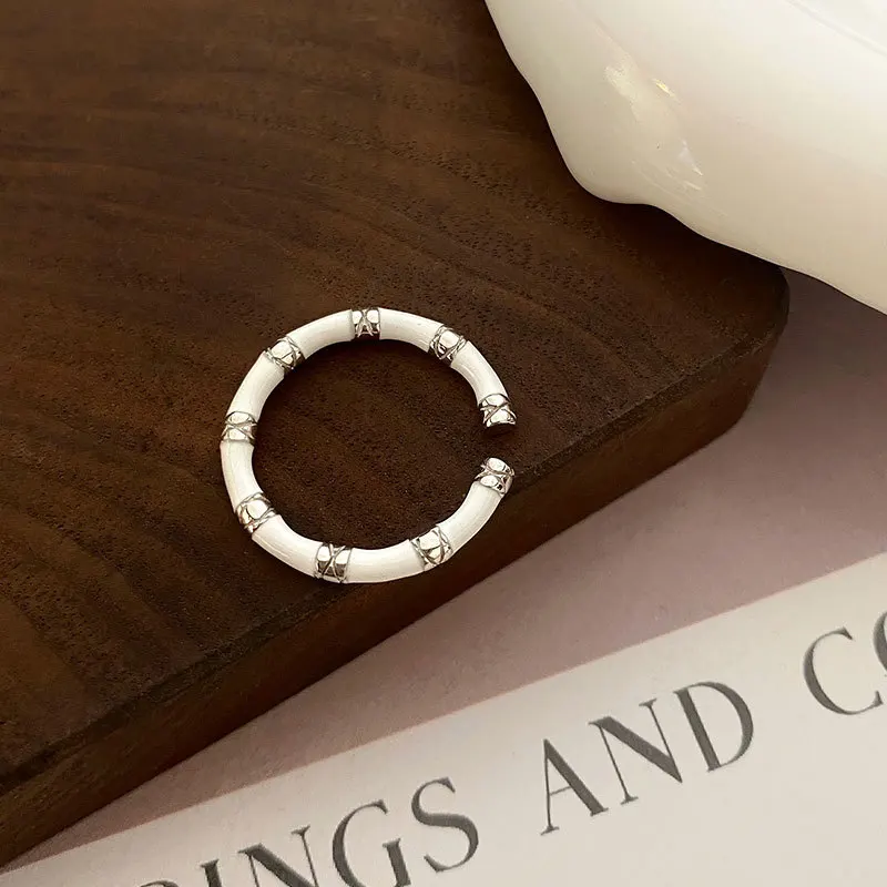Women's 925 Sterling Silver Black & White Bamboo Adjustable Ring, Luxury