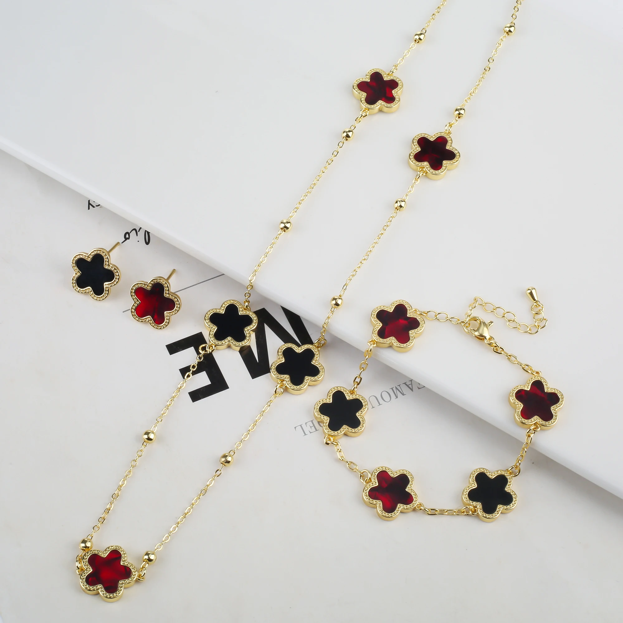 Gradient Colorful New Design Double Sided Plum Blossom Plant Five Leaf Flower Jewelry Set Luxury Women\'s Ripple Clover Gift