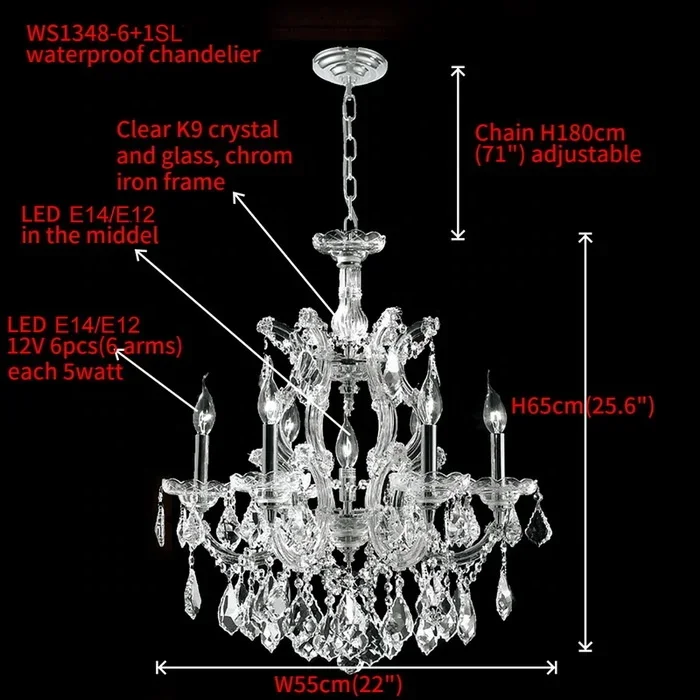 YYHC-Outdoor Waterproof IP67 Pendant Lamp Crystal Chandelier Lighting for Wedding Events and Parties with E12 E14 Base Dimmer Bu