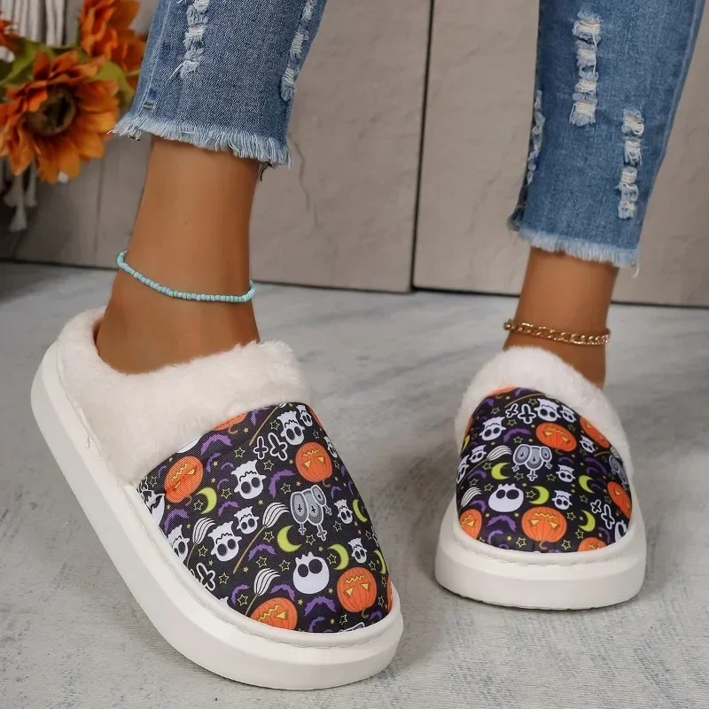 2024 New Halloween Pumpkin Skull Pattern Printed Strap Comfortable Home Cotton shoes