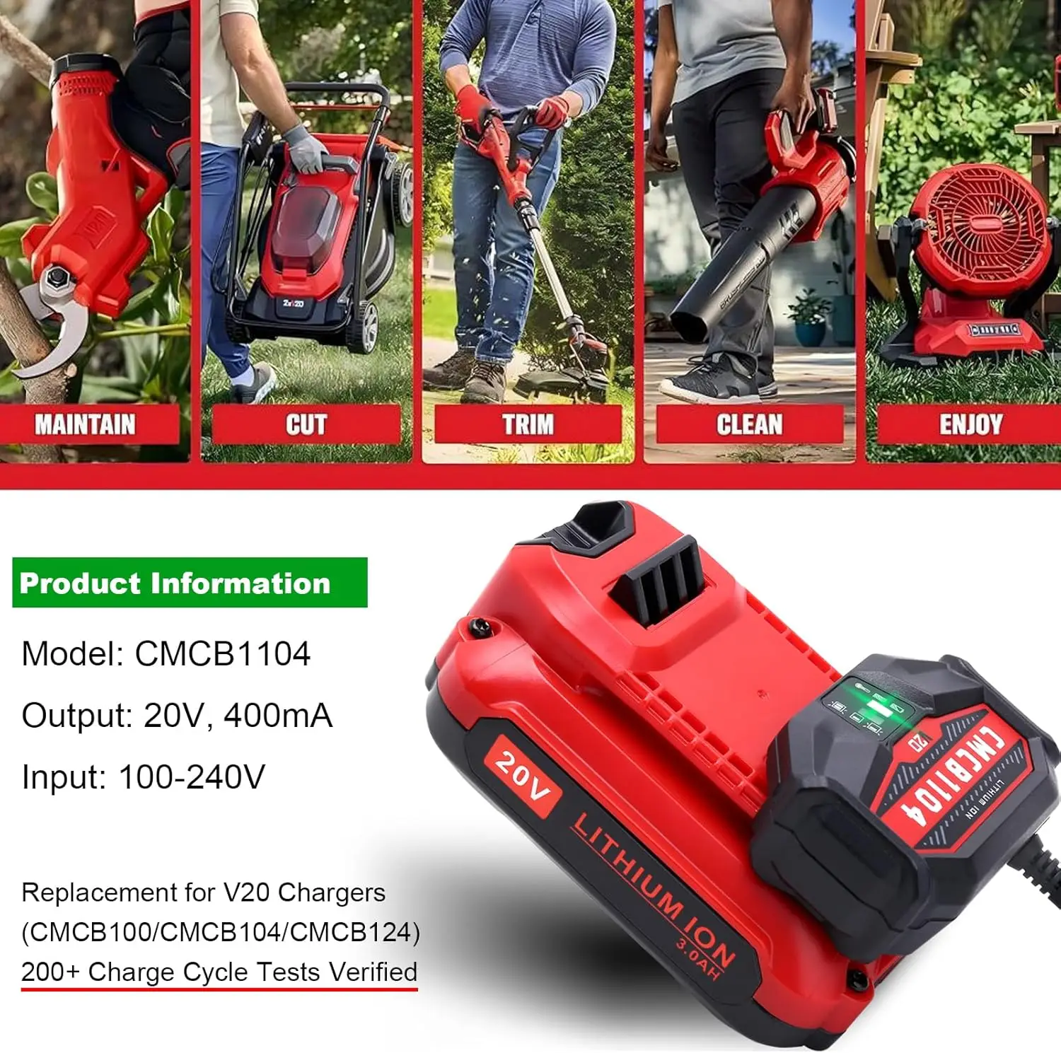 V20 Battery Charger CMCB1104 Compatible with Craftsman 20V Lithium Ion Battery, Compatible with Craftsman V20 20 Volt MAX Power Tool Battery Charger for CMCB202 CMCB204 CMCB206 CMCB209 CMCB203 CMCB201