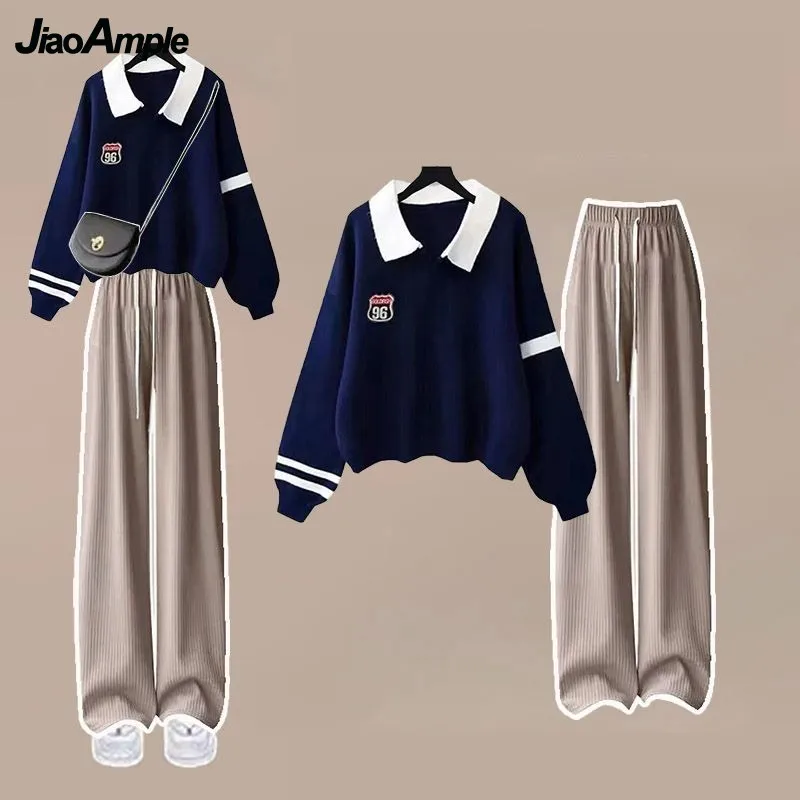 Girls\' Autumn Winter New Casual Tracksuit Matching Set Korean Elegant Loose POLO Sweatshirt+sports Wide Leg Pants Two-piece Suit