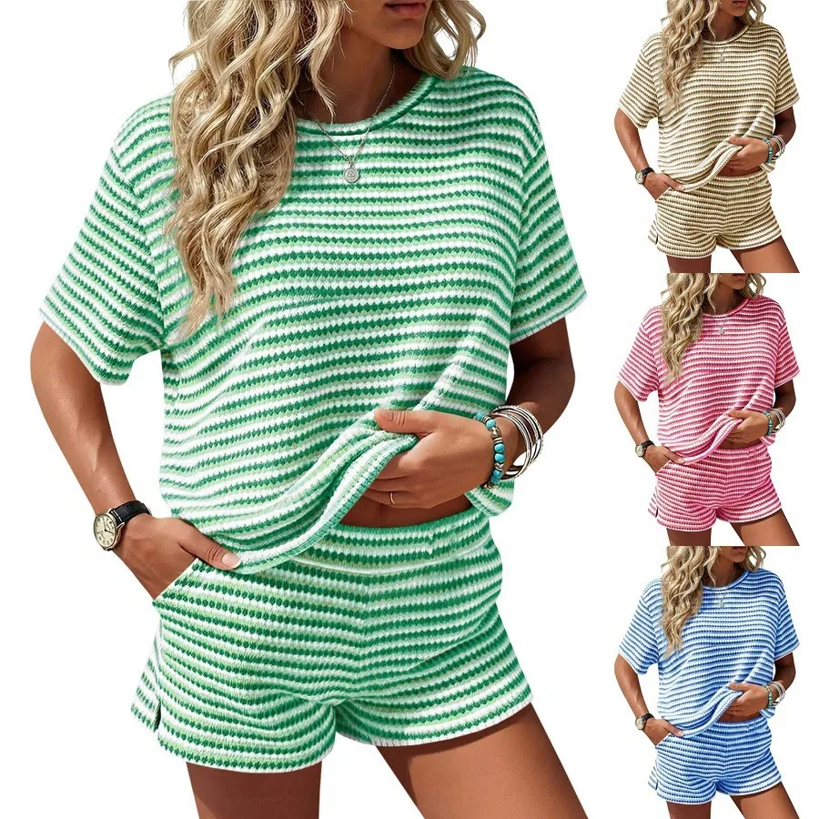 

Womens Matching Sets Shorts Casual Striped Short Pants Green White Striped Summer Shorts Women's 2-piece Set Shorts