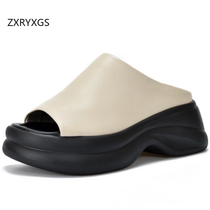 

ZXRYXGS Top Cowhide Fish Mouth Slipper Outside Shoes Woman 2025 Summer Real Leather Platform Increase Shoes High Heel Slippers