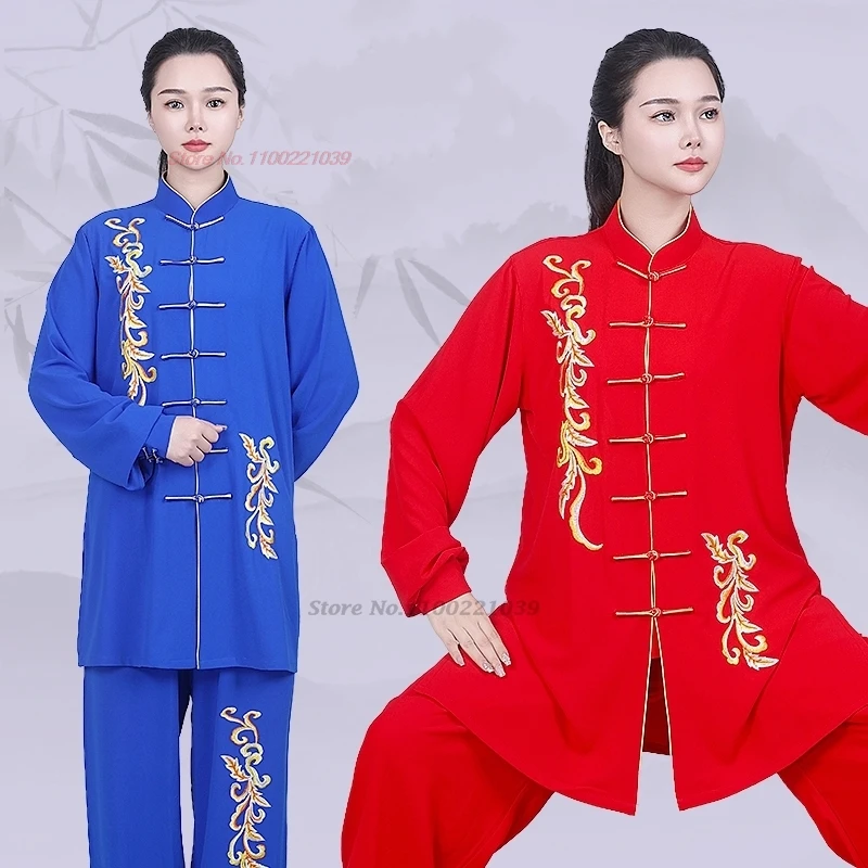 

2024 chinese vintage martial art uniform tai chi suit flower embroidery wushu exercise clothing kungfu tops+pants training set