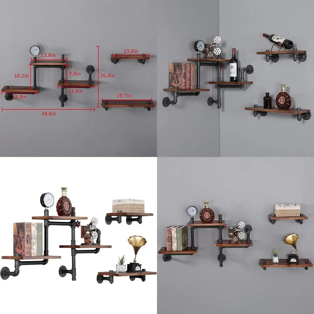 

Floating Pipe Wall Shelves - 5 Tier Rustic Wood Bookshelf for DIY Home, Living Room, Bathroom, and Industrial Decor