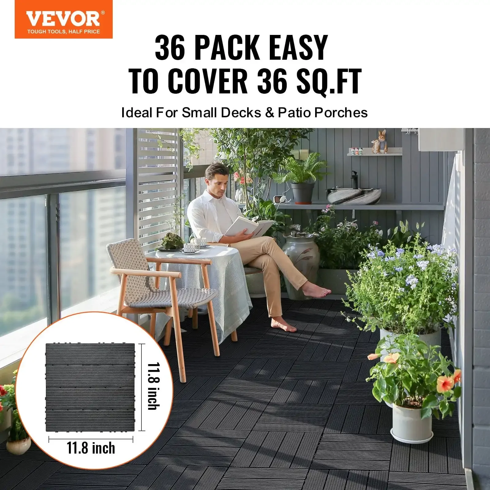 

Interlocking Deck Tiles 36 Pack 12"x12" Plastic for Porch Dark Grey