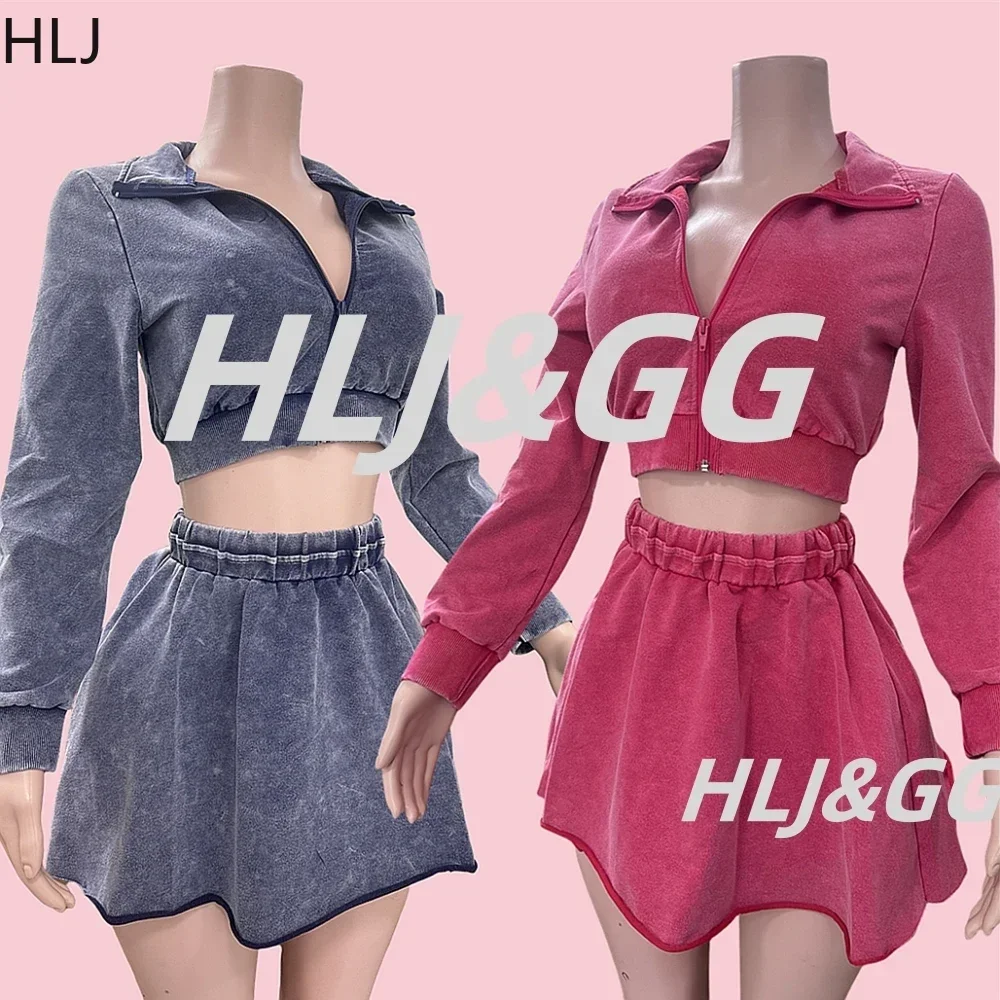 

HLJ&GG Spring New Solid A-line Mini Skirts Two Piece Sets Women Zip Long Sleeve Crop Top+Skirts Outfits Female Washed Streetwear