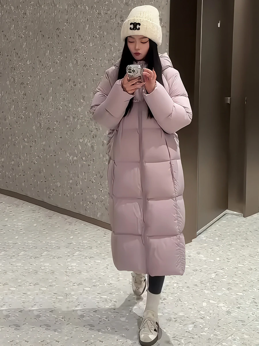 

Korean Sle Long Puffer Jaet Women's Thiened White Du down Coat Winter Warm Outerwear with Hood Elastic Seal Design