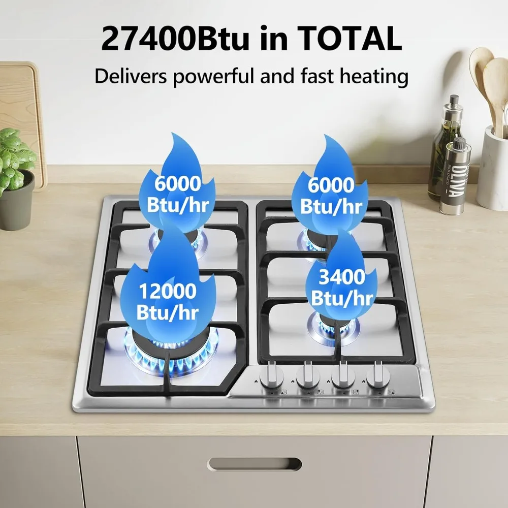 Kompor Gas 4 Tungku, Kompor Gas Built-in 24 Inci untuk RV, Kompor Propana Konvertibel NG/LPG dengan Pengaman Termokopel, Stainless