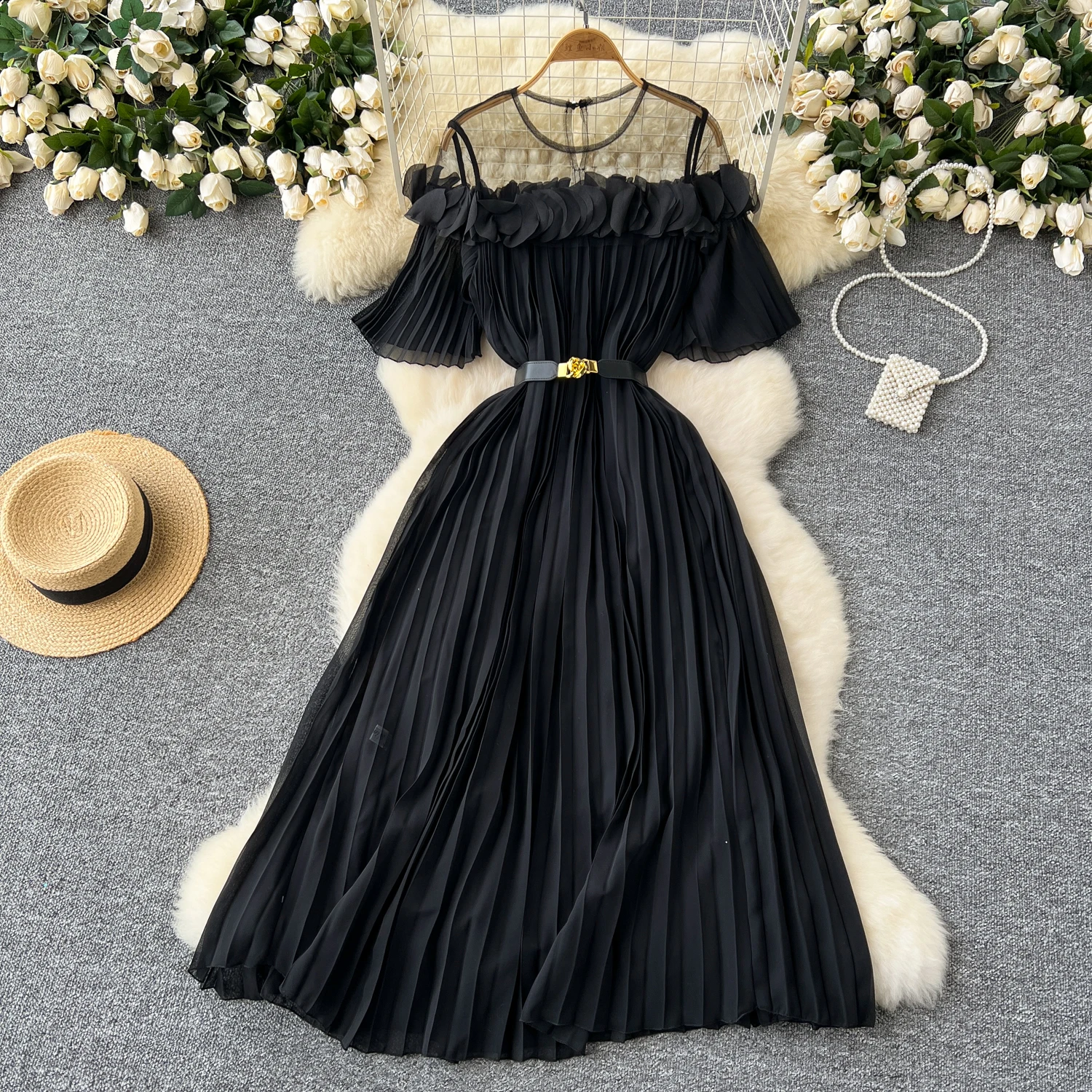 French mesh PATCHWORK Three-dimensional flower Sweet Dress Women Summer Waist Cinching pleated chiffon Dresses