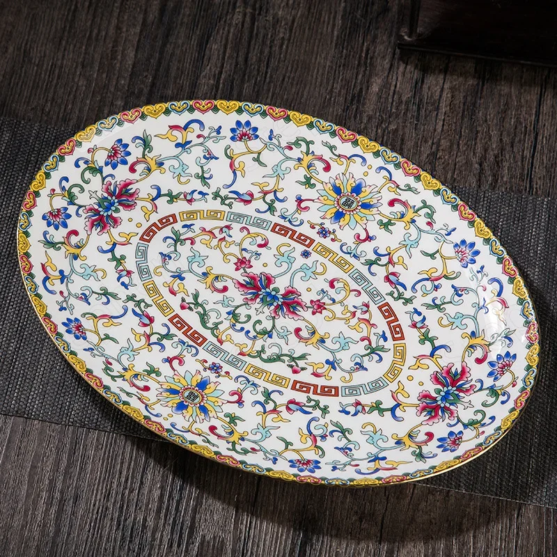 Gold Stroke Ceramic Fish Plate Chinese Retro Pastel Painted Decorative Plate Ornaments Tangled Flowers Bone China Dessert Dishes