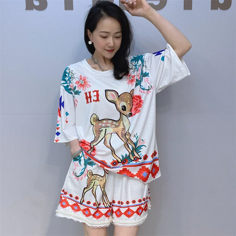 

2025 Summer Two Piece Sets Women Clothing Deer Diamonds Cartoon Printed Casual Knitting Tops and Shorts Костюм Женский Летний