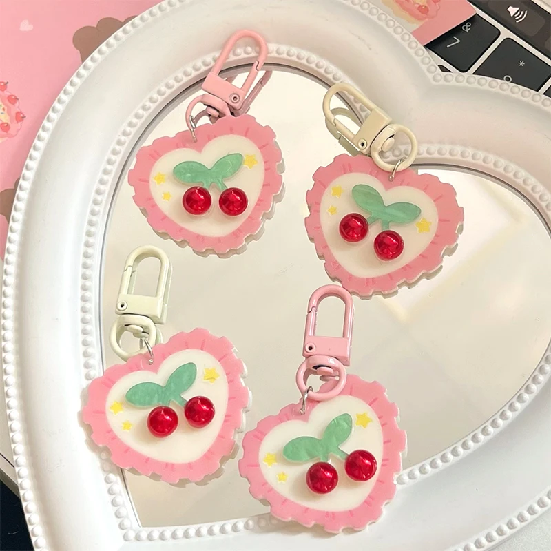 Cute Pink Love Cherry Key Chain Sweet Girl Pendant Car Key Ring Backpack Charms Bag Decor Accessories Bestie Gift