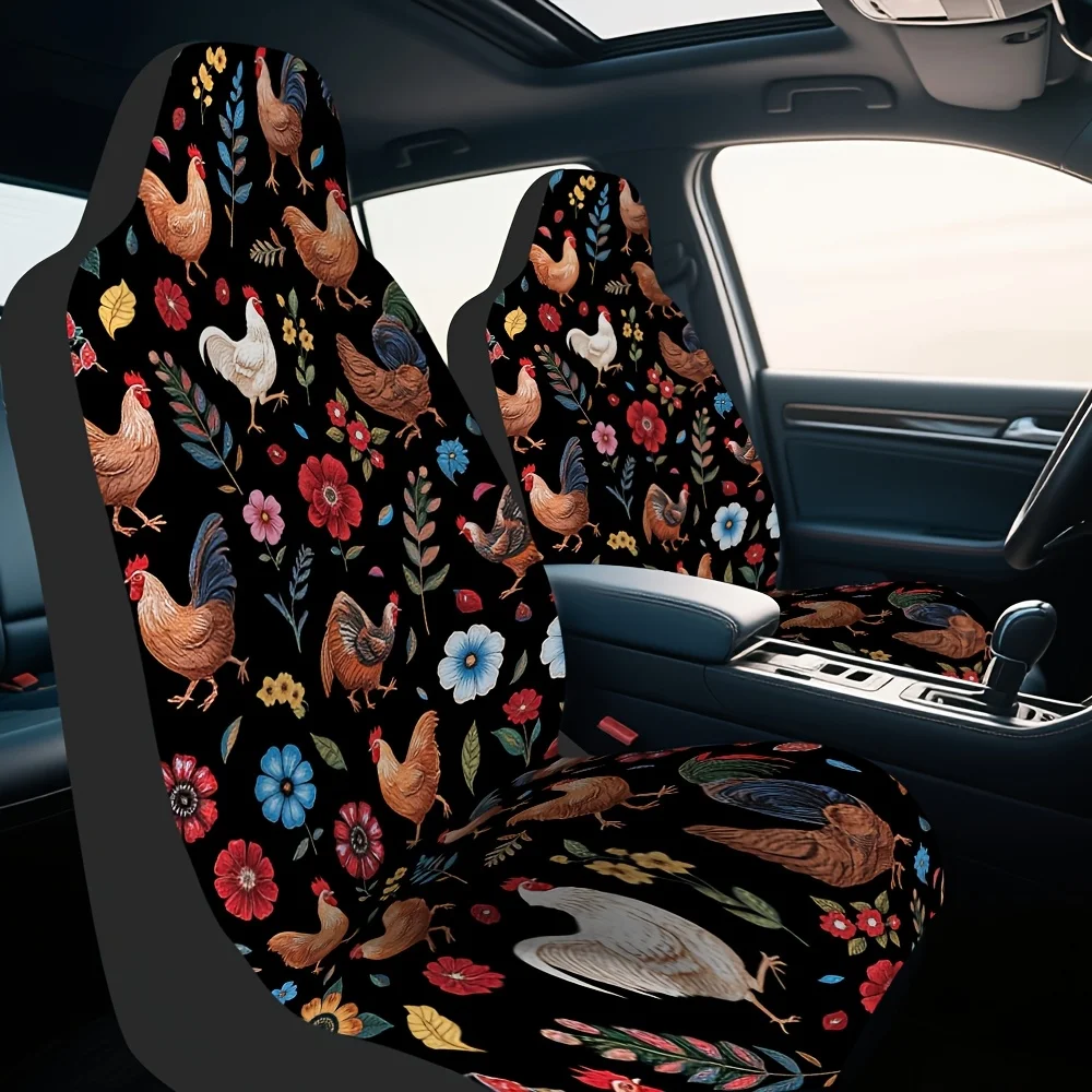 2pcs Chicken Floral Art Pattern Decorative Auto Seat Covers - Vibrant Chicken & Floral Design, Durable Polyester, Machine Washab