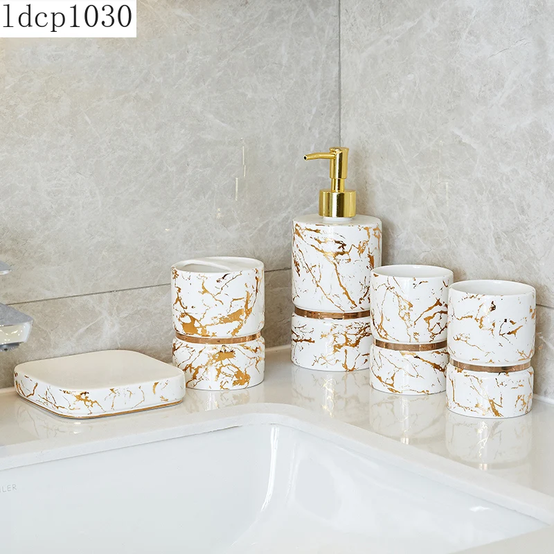 

Bathroom Supplies Luxury Bathroom Suite Ceramic Marble Pattern Lotion Bottle/toothbrush Holder/mouthwash Cup/bathroom Decoration