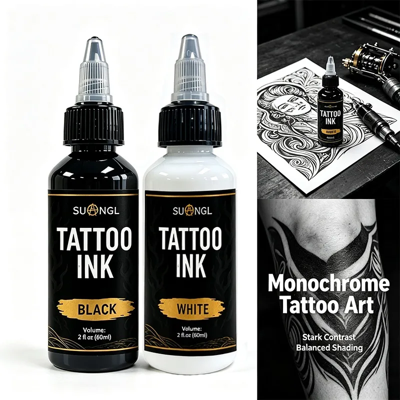 Image of 2 Stück Schwarz-Weiß Tattoo-Pigment 1/2oz Tintenfarbstoff für Körperkunstmalerei, Permanent Make-up, Microblading, Tattoo-Zubehör