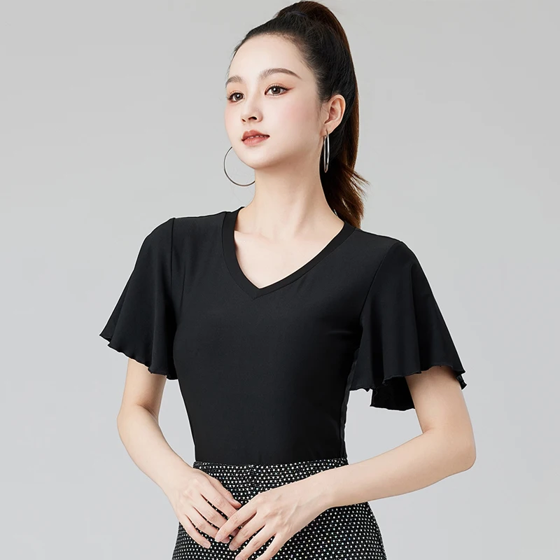 

Women'S Rumba Tango Latin Dance Top Black Short Sleeves Latin Dancing Tops Adults Tango Samba Ballroom Dance Wear DW10837
