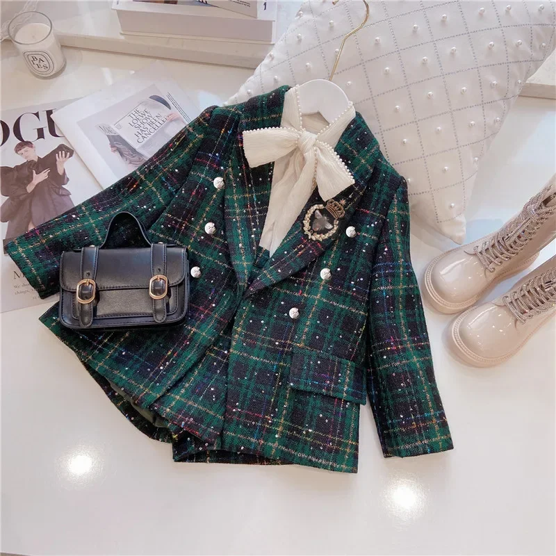 fashion-kids-girls-princess-2pcs-clothes-set-spring-autumn-children-plaid-blazer-coat-outwear-shorts-vintage-outfits-suit