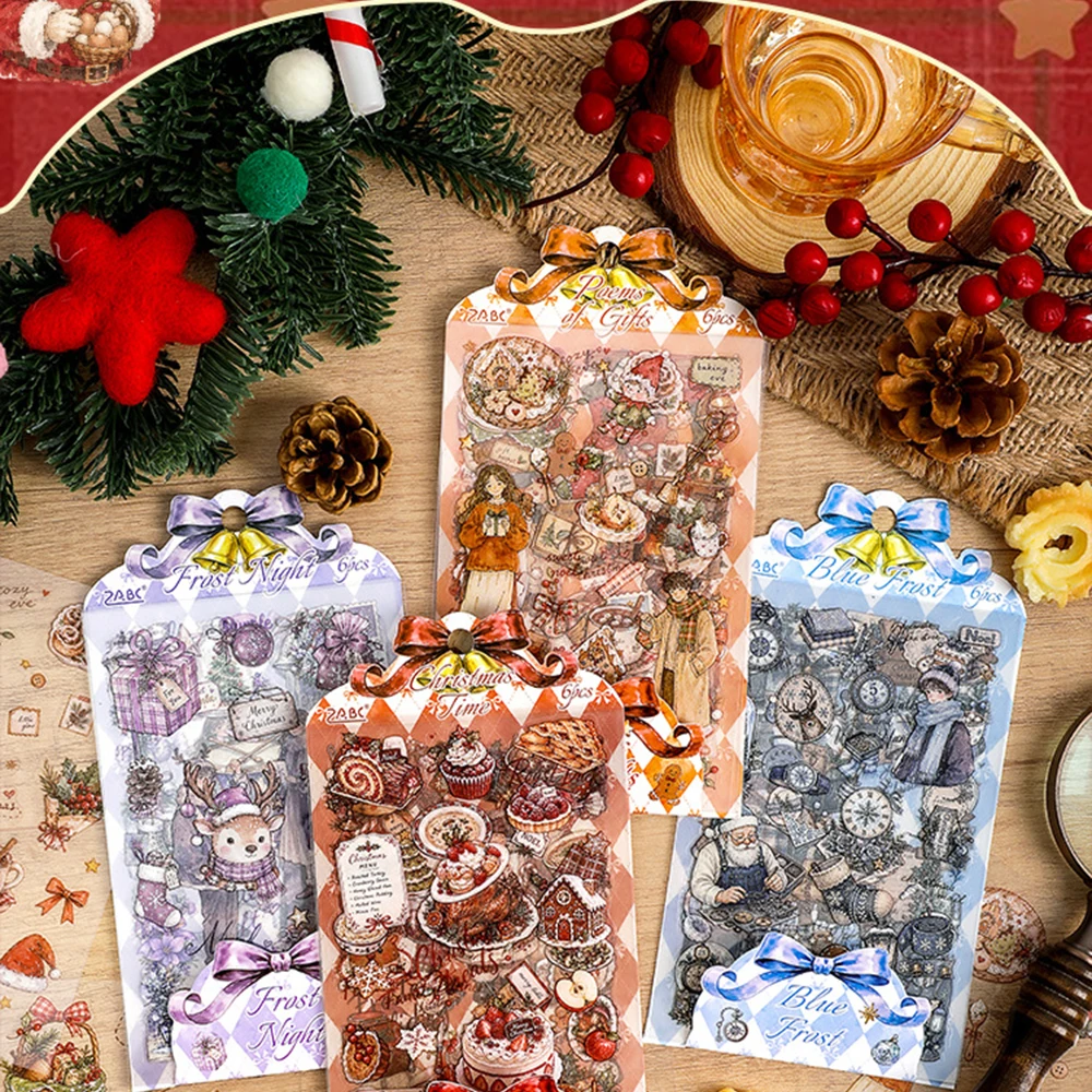 6Pcs Sheets Fairy Tale Christmas Day Sticker Cute Cartoon Animal Holographic Decals for Scrapbooking Journal Planner DIY Collage