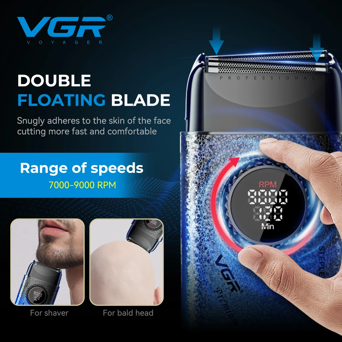 VGR new high-end electric shaver with personalized crack body, multi power control, metal blade head, whitening device V-377
