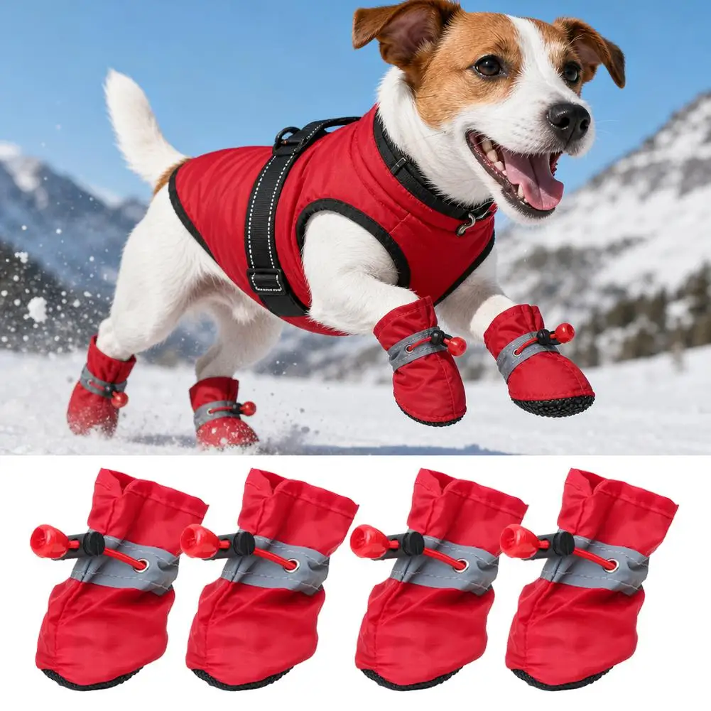 Winter Dog Boots Warm Oxford Fabric Shoes for Small Dogs Anti Slip Reflective Paw Protection with Adjustable Drawstring