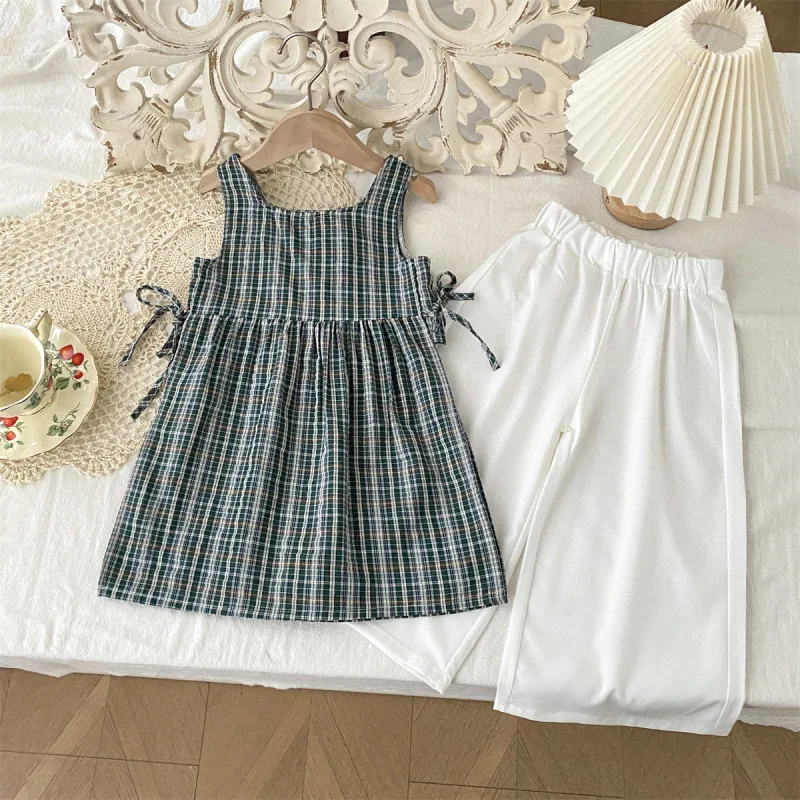 

Children's Set New Summer Girls' Stylish Plaid Cover-Up Wide-Leg Pants Toddler Baby Two-Piece Set