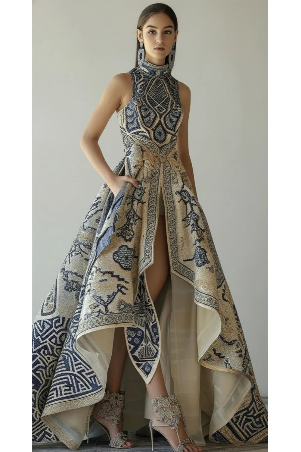 Women's Geometric Print High Low Maxi Dress Sleeveless Mock Neck Pocket Evening Gown Elegant Wedding Guest Bridesmaid Dress