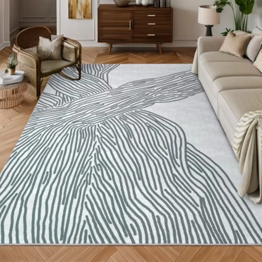 

Grey 5×7 Modern Abstract Area Rug for Living Room, Geometric Contemporary Wave Striped Washable Nonslip Rug for Playroom Nurser