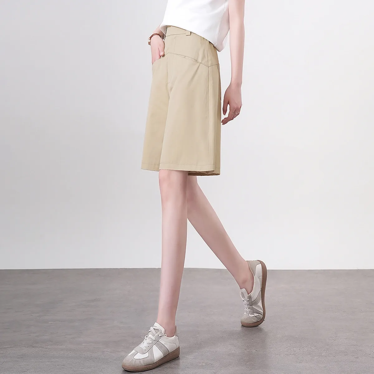 LOUIS YAO Short Pants 100% Cotton Casual Basic Short Trousers High Waist Wide Leg Pants Solid Color Summer Pants