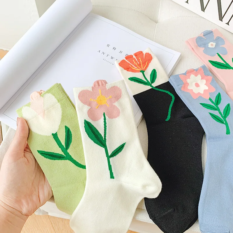 Calcetines de algodón tridimensionales para mujer, medias con flores, tulipán, blanco, rosa, Color sólido, informal, primavera y verano, 2 pares