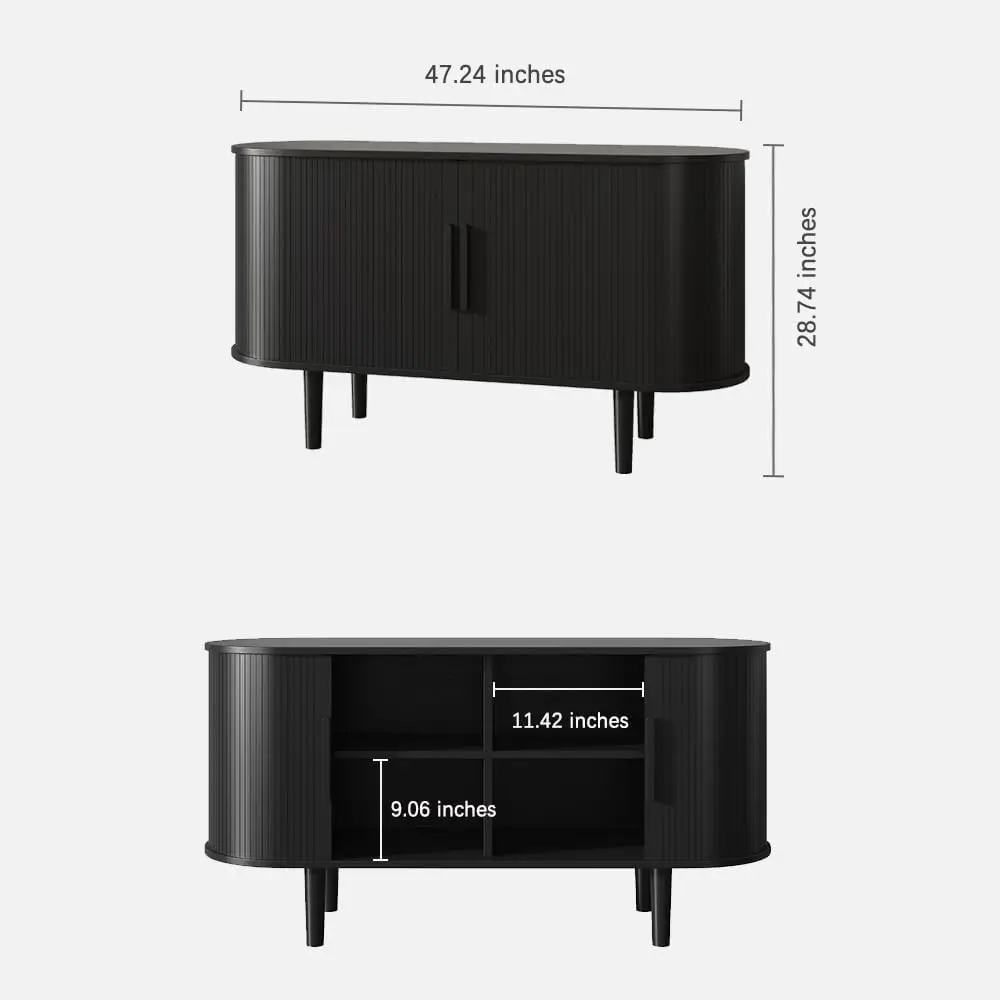 Sideboard Tambour Storage Cabinet, Black Corner Cabinet with Doors and Shelves, Fluted Sideboard Cabinet for Kitchen