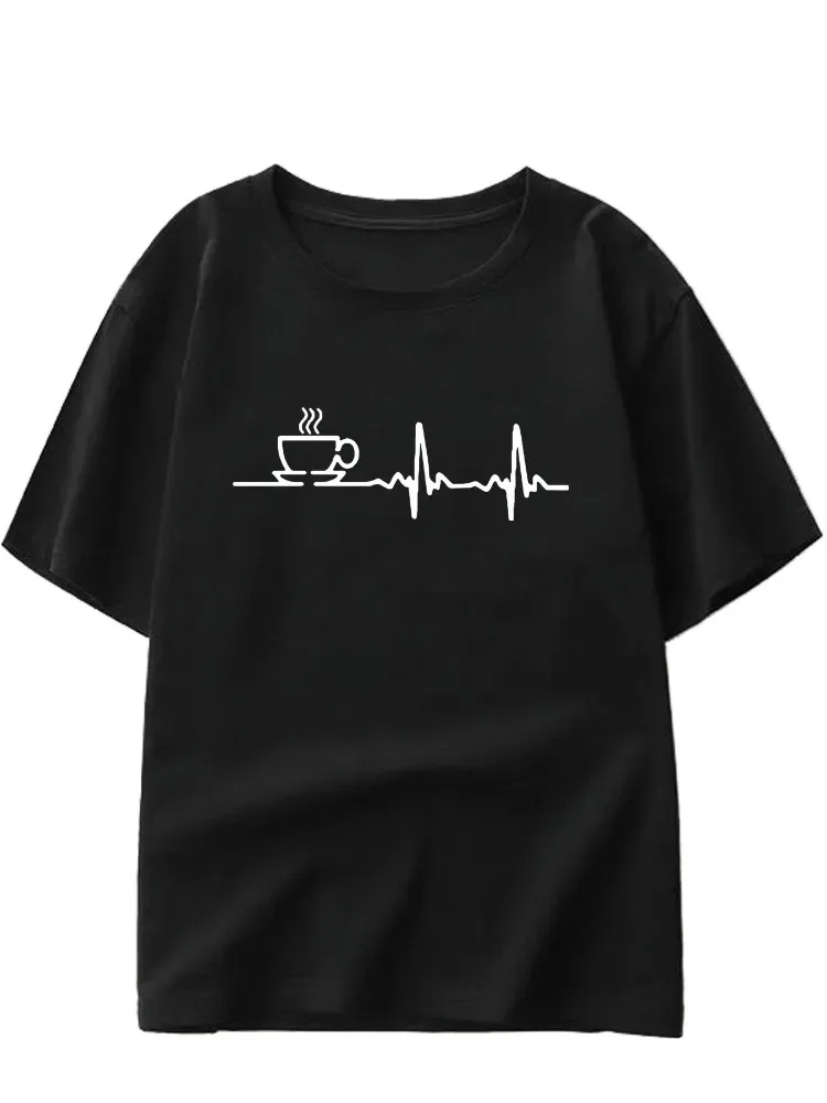 Camiseta Informal De Manga Corta Con Estampado De Taza De Café Y Latido Del Corazón Para Mujer Jersey Cómod Cuello Redondo