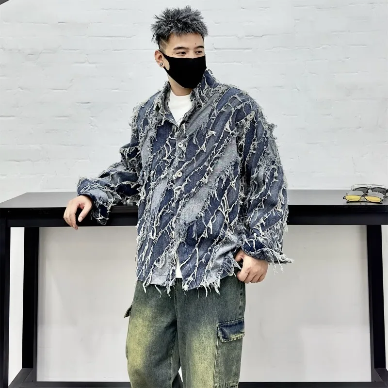 

Retro Washed Denim Jacket Mens Wrinkled Edge Design Street Loose Long Sleeves Lapels Coats Single Breasted Casual Couple Jacket