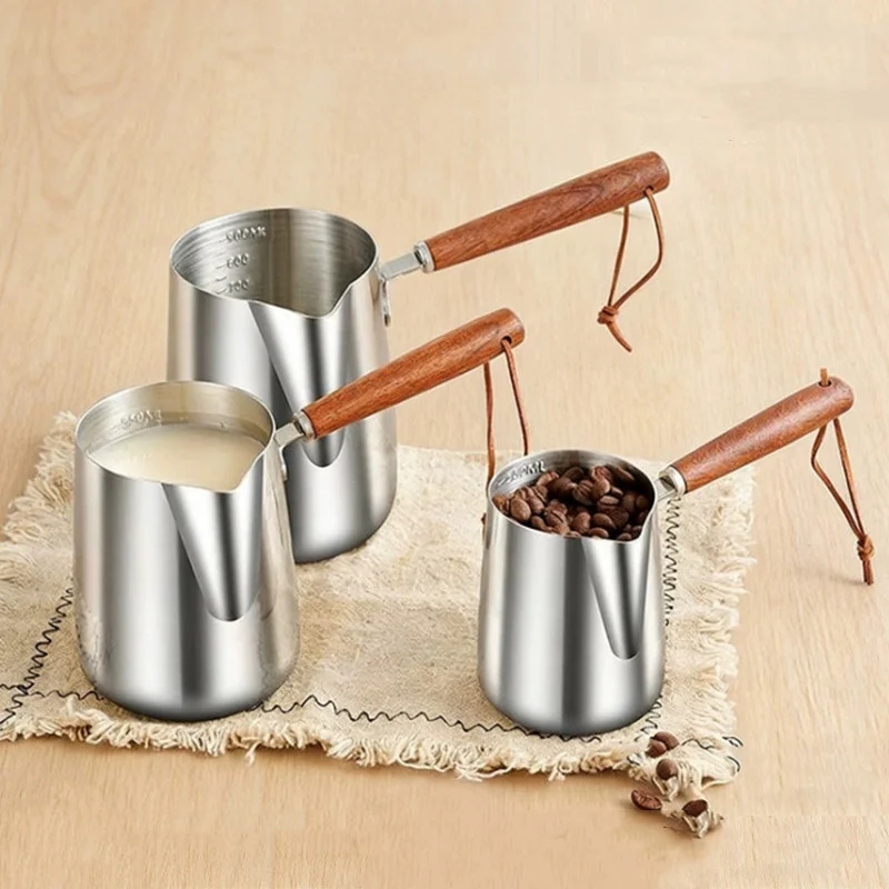 

3pcs 304 Stainless Steel Milk Frothing Pitcher with Long Handle Pointed Spout Jug for Latte Art,Butter Wax Melting Milk Heating