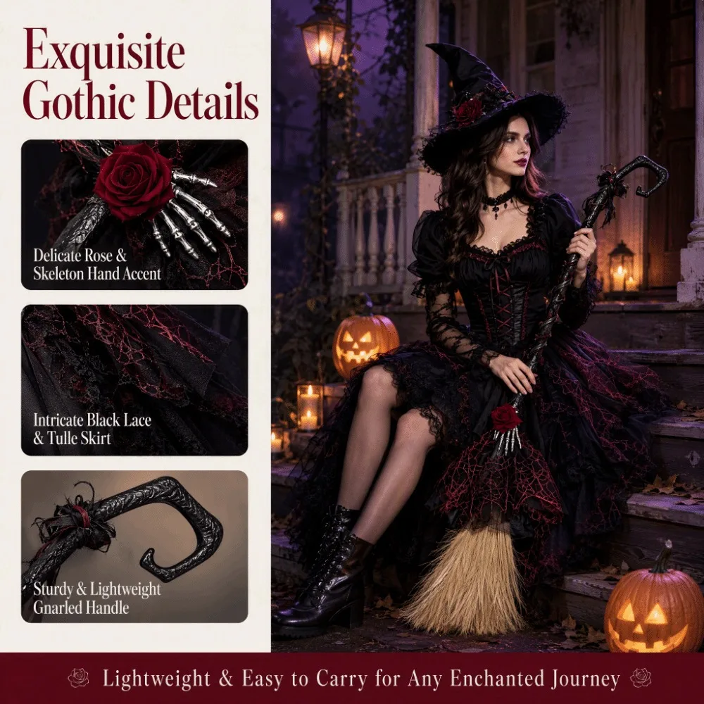 Deluxe Gothic Style Witch Broom Black Tulle Plastic Material Cosplay Props Red Rose Lolita Style Magic Wand Carnival Dress Up 5