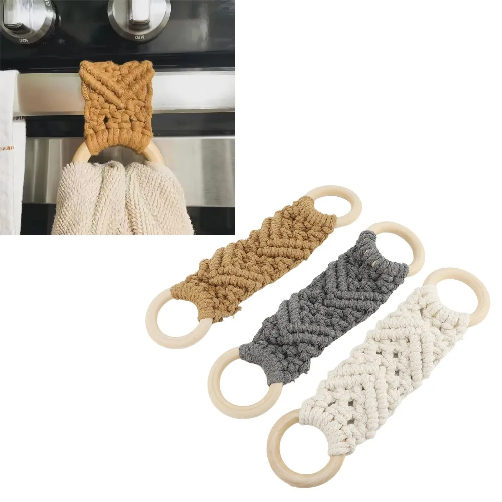 

3 PCS Wooden Ring Cotton Rope Macrame Towel Holder White Grey Brown Handmade Crochet Towel Holder Ring Durable Space Saving