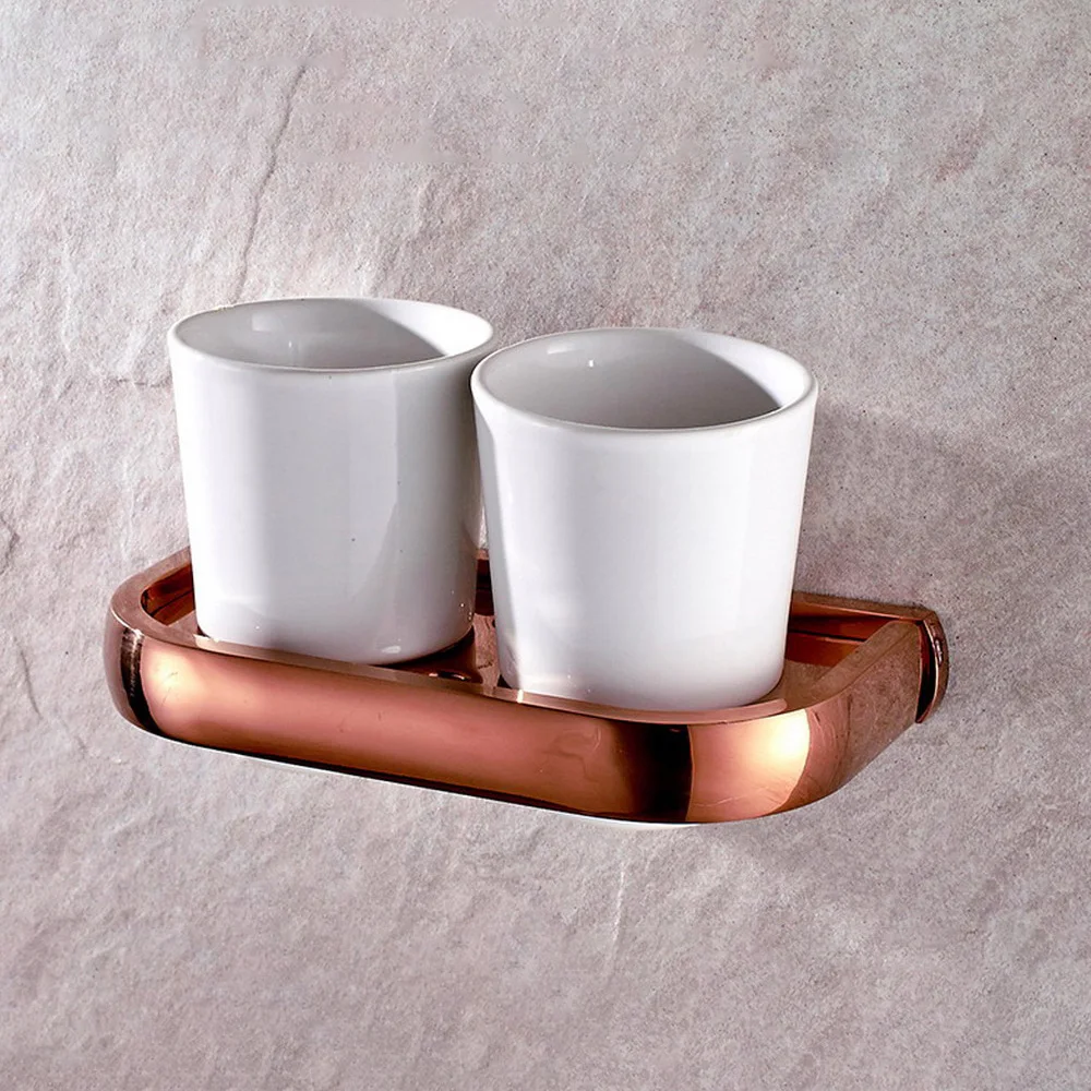 Wall Mounted Luxury Rose Gold Brass Bathroom Toothbrush Holder Set Bathroom Accessory Dual Ceramic Cup mba870