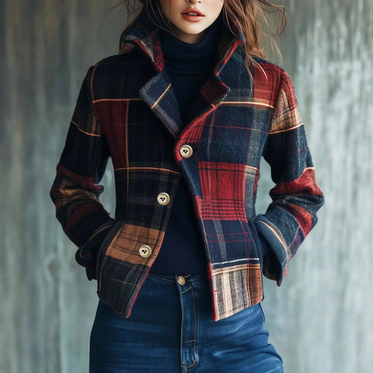 Autumn Winter Versatile Spliced ​​Button Suit Ropa Formal Mujer Vestes Femmes Plaid Print Women's Suit Collar Retro Warm Jacket