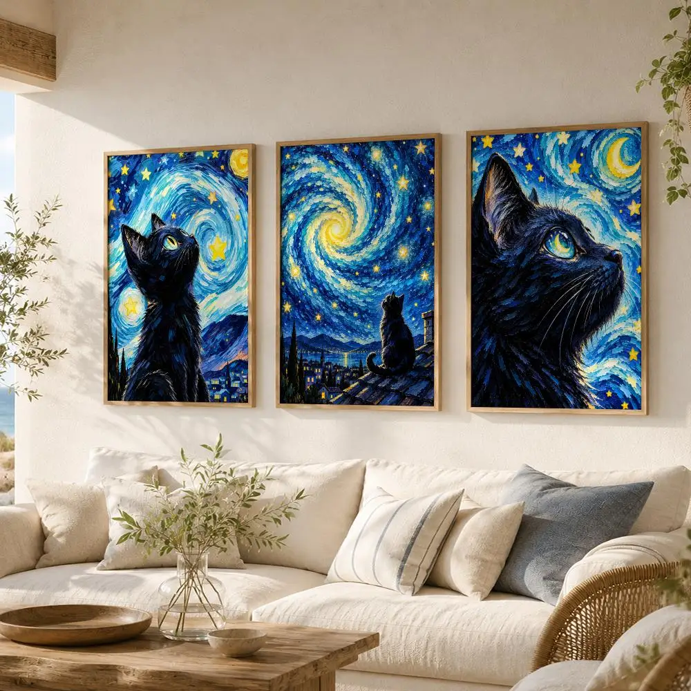 Celestial Starry Black Cat Art Painting Calligraphy 3 PCS Vintage Fashion Canvas Wall Art Prints for Living Room Decor