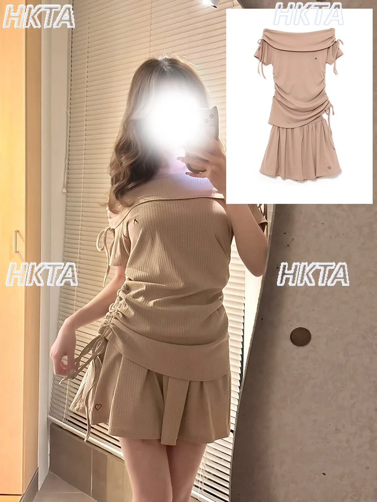 

Japanese Pure Desire Mini Skirt Set Off-Shoulder Sweet Tie Short Sleeve T-Shirt Top Elastic Waist Short Skirt Skirt 2-Piece Set