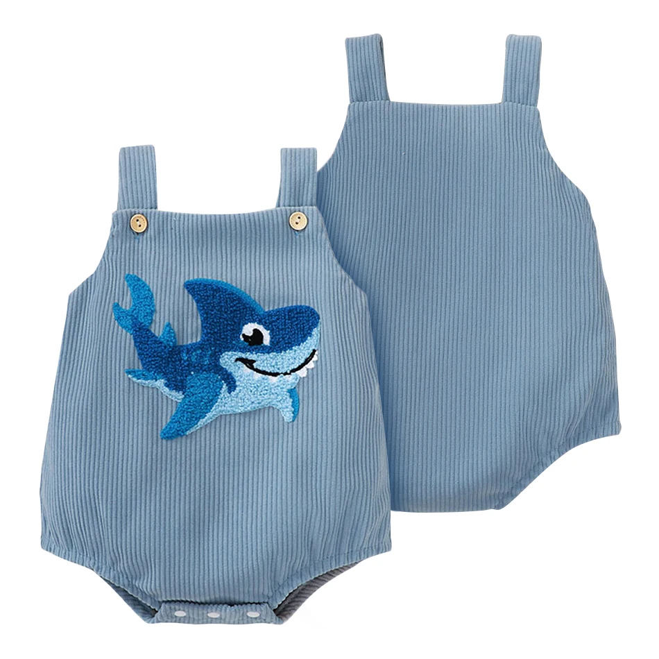 

Stylish and Cozy Baby Boys Corduroy Bodysuit with Shark Towel Embroidery Fashion Statement Suitable Your Little Ones Casual Wear