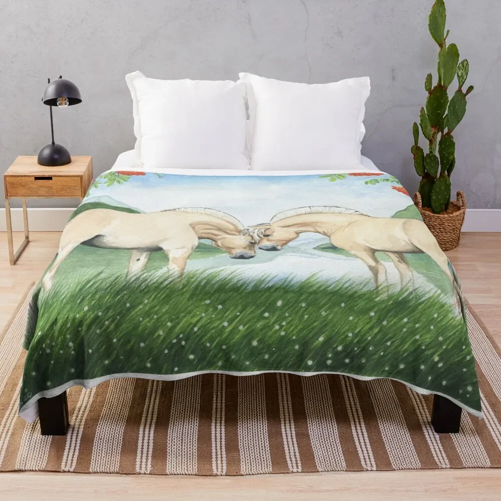 

Norwegian horses in a fjord landscape Throw Blanket Travel Vintage blankets ands Bed linens Blankets