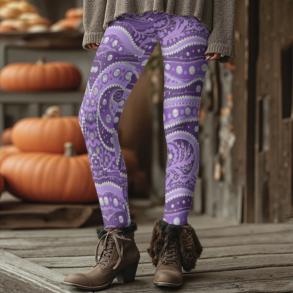 المرأة الأرجواني بيزلي طباعة الحرارية طماق الطبقات فوق السراويل سميكة الشتاء يمكن ارتداؤها الجوارب بوهو نمط وتتسابق السراويل